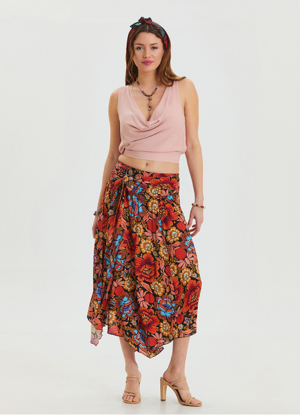 Black Patterned Printed Skirt with Gipe Detail and Tied Waist 4506